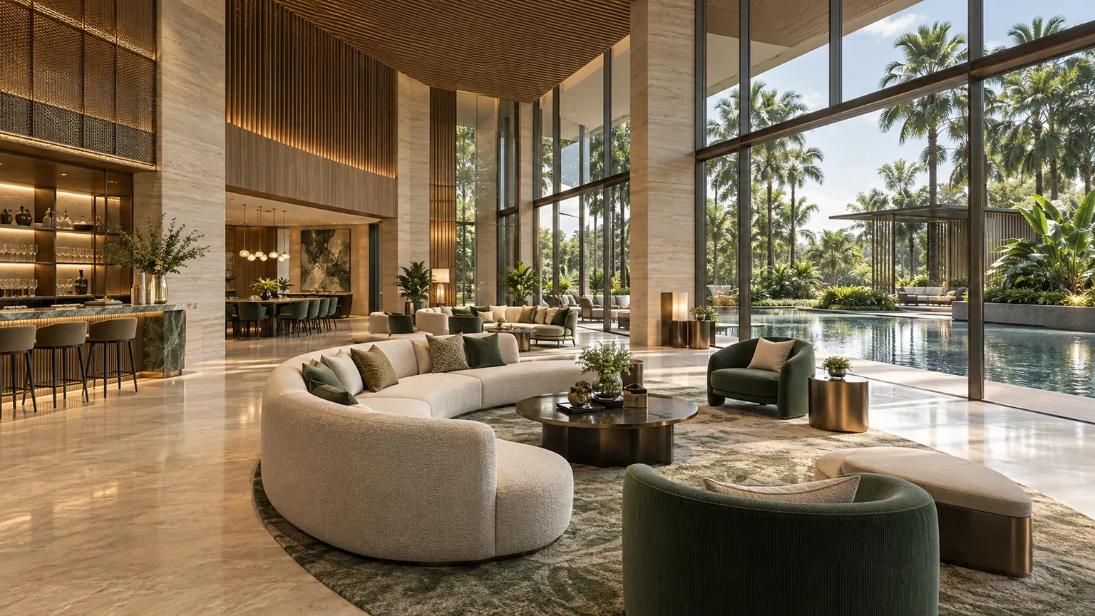 Artistic impression of a double-height clubhouse lounge with curved sofas and a bar, opening onto a pool and palms