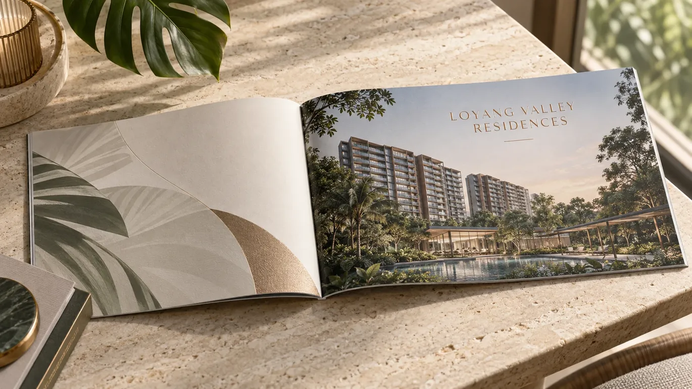 Artistic impression of a property e-brochure lying open on a stone table, showing a pool pavilion spread