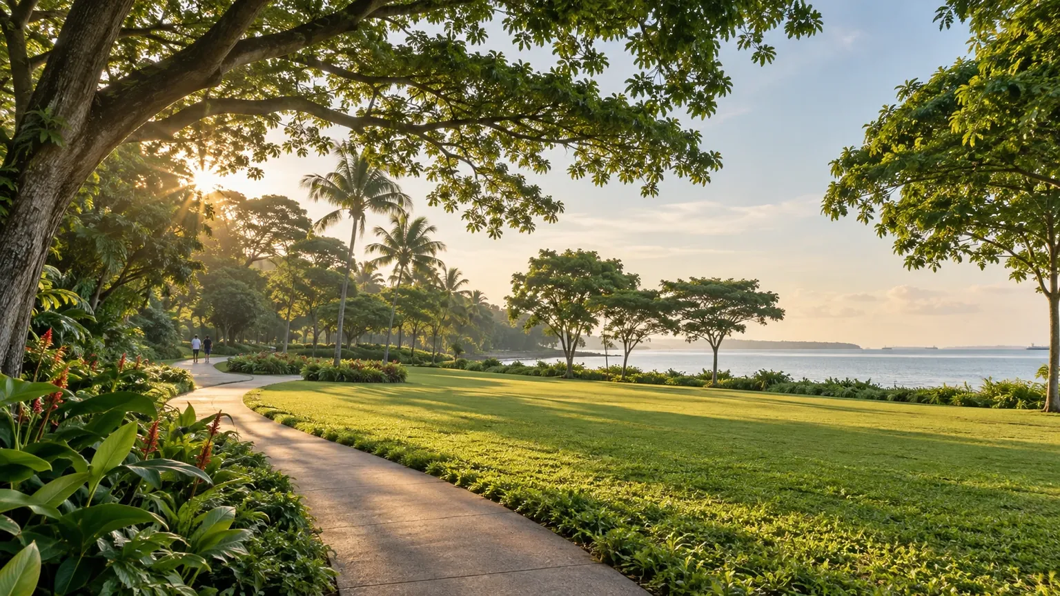 A shaded coastal park path in Singapore’s east at sunrise, with mature trees, lawn and the sea beyond