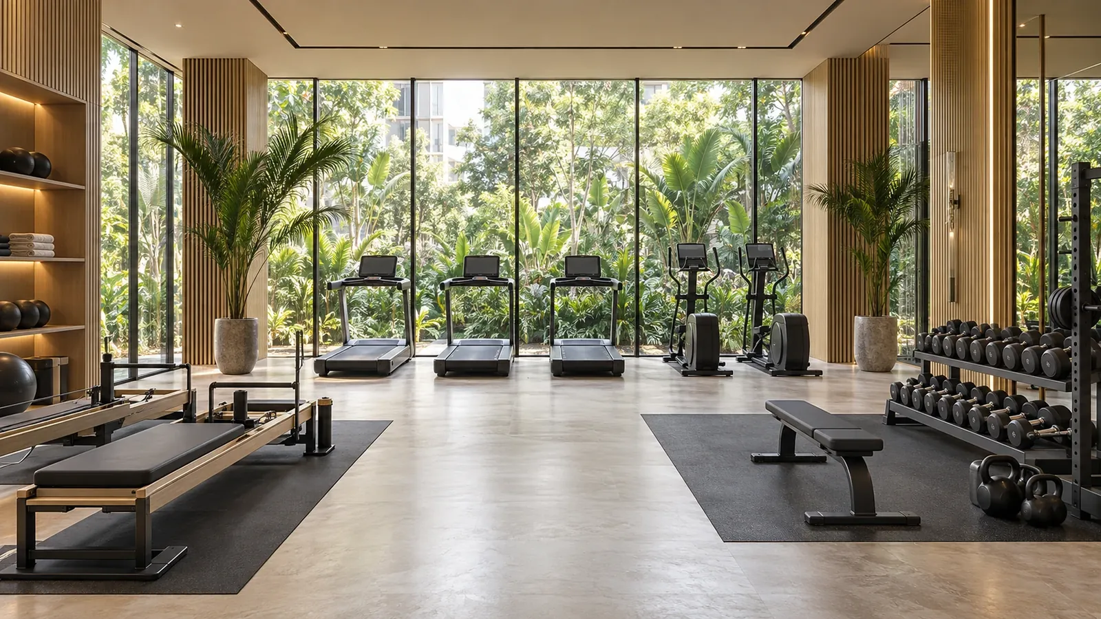 Artistic impression of a gym with treadmills, free weights and a reformer beside full-height windows facing planting