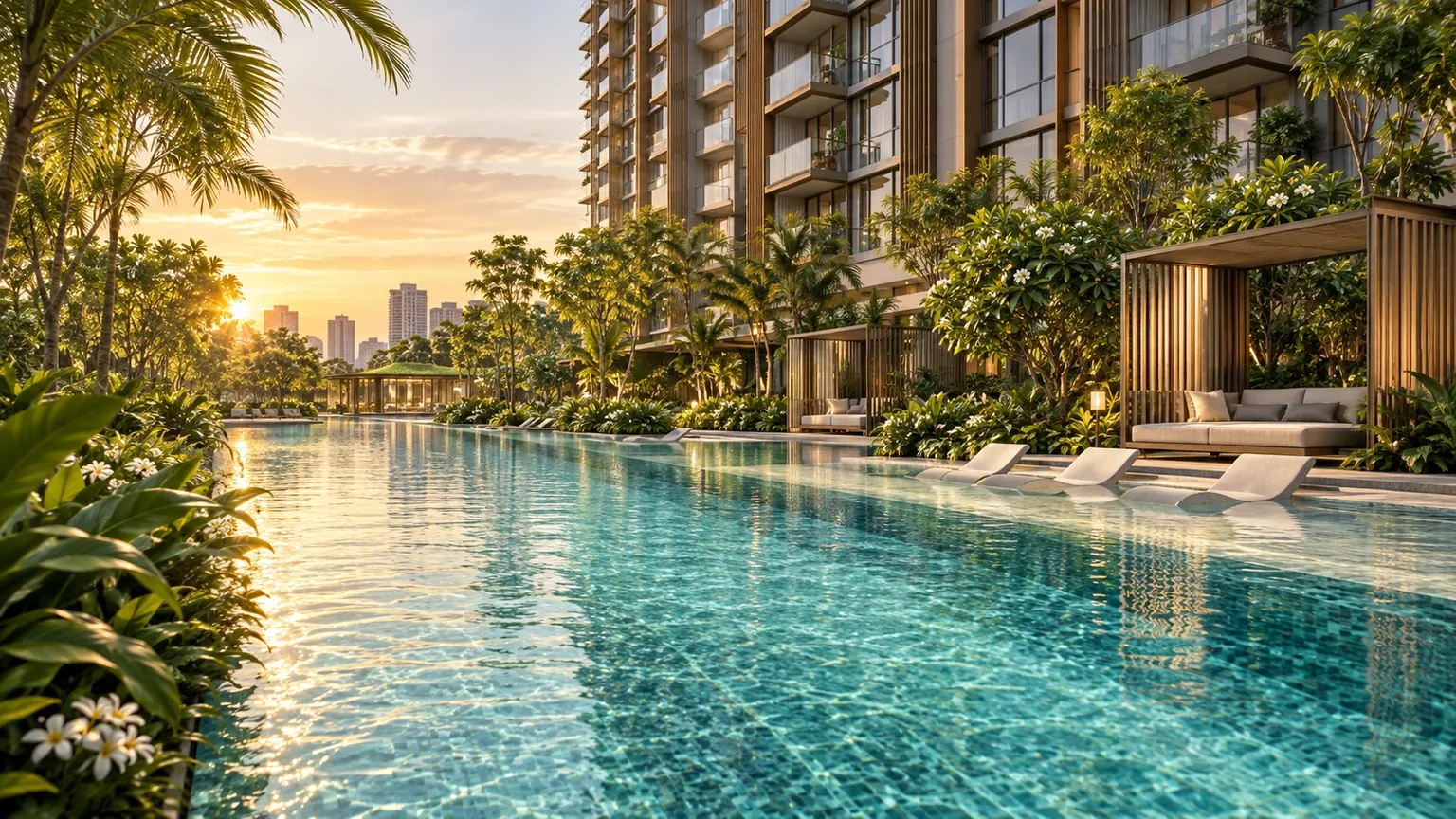 Artistic impression of a long lap pool lined with cabanas and frangipani, with a residential block behind at sunset
