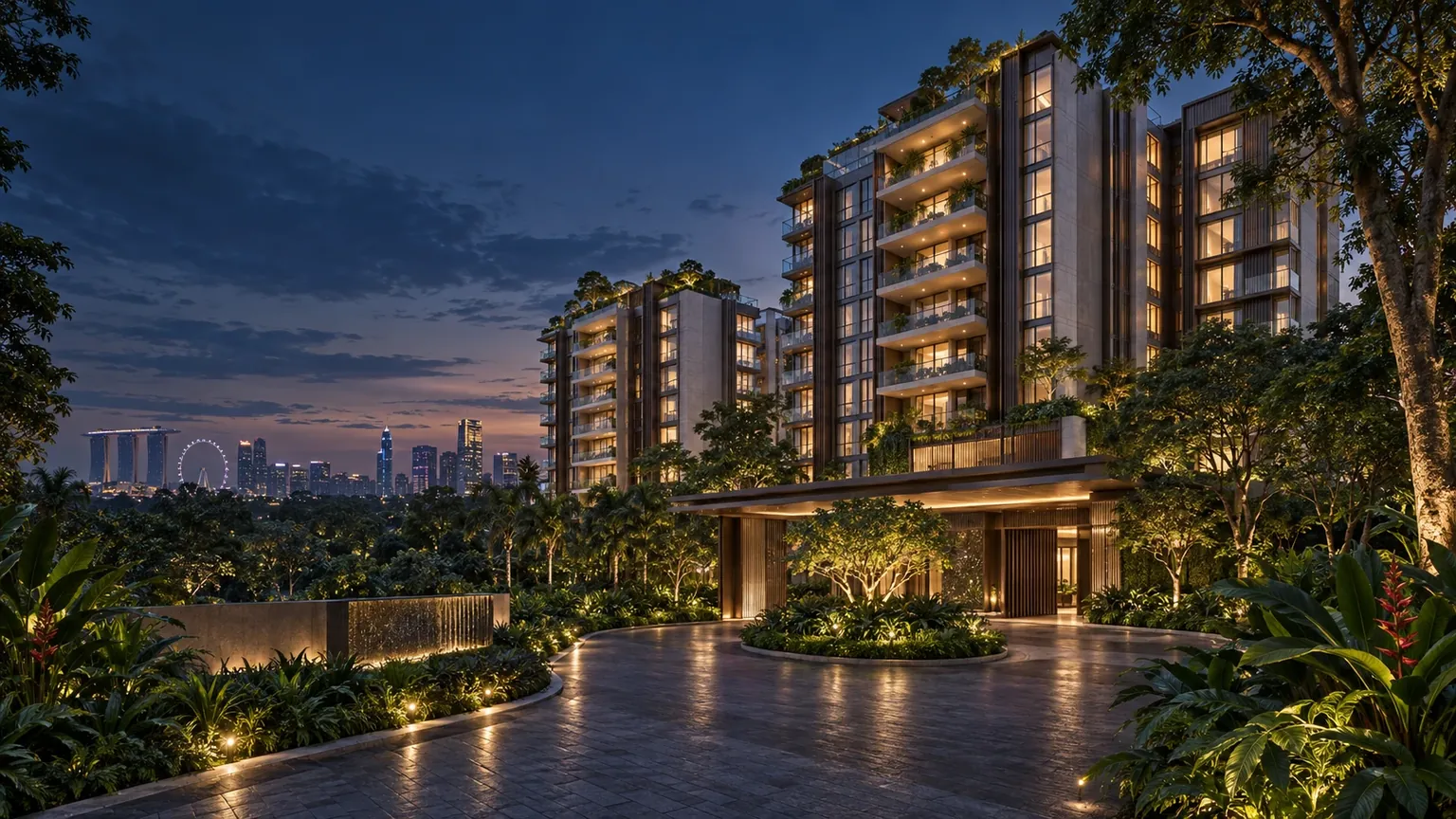Artistic impression of mid-rise residential blocks lit at dusk, set among mature trees with a landscaped arrival court